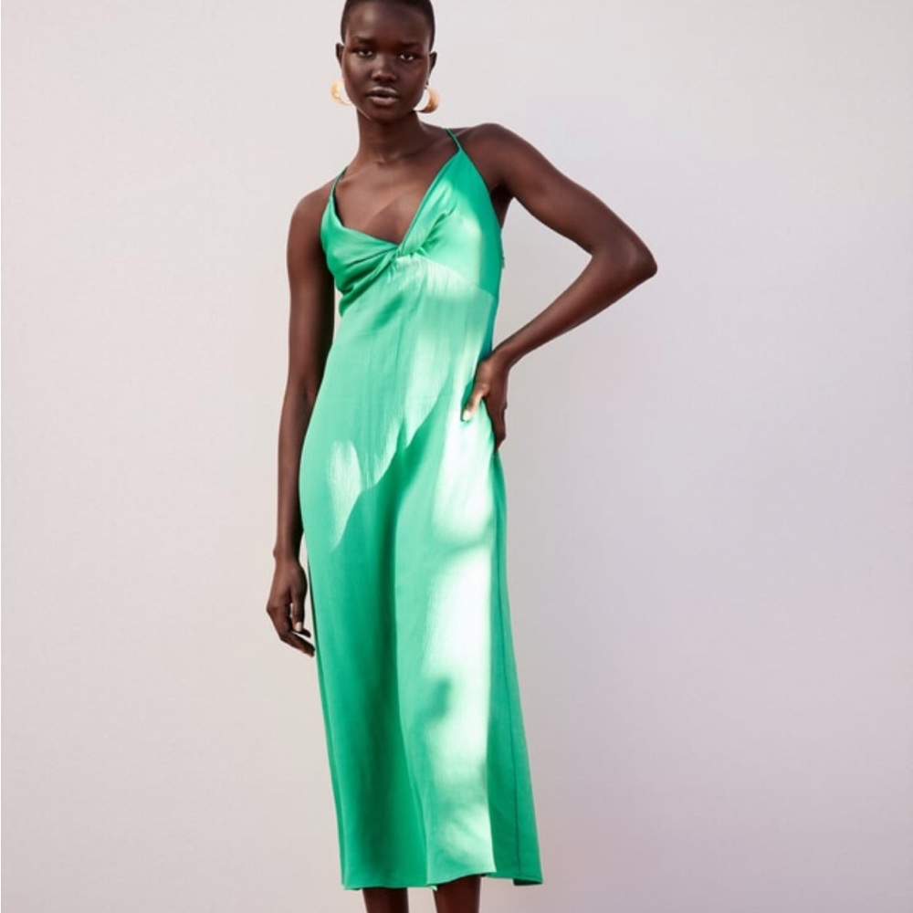 Zara Green Knotted midi Slip Dress